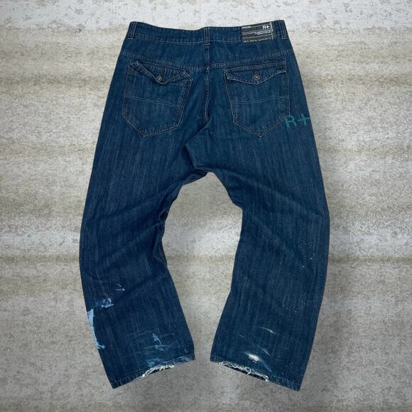 Vintage Skater Wide Leg Jeans Rocawear Navy Blue Wash Baggy Embroidered Y2K